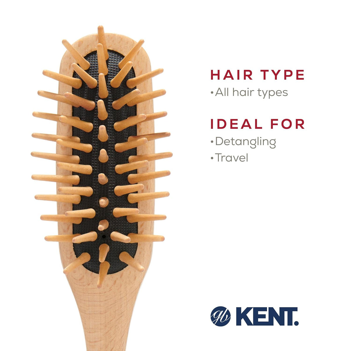 Kent KB MiniWoodyhog Travel Size Detangling Brush Beech-wood, Firm Rounded Wooden Bristles,Natural Cushion Detangler Wooden Hair Brush for Women Men and Kids Everyday Care,Made in England (Pack of 3)