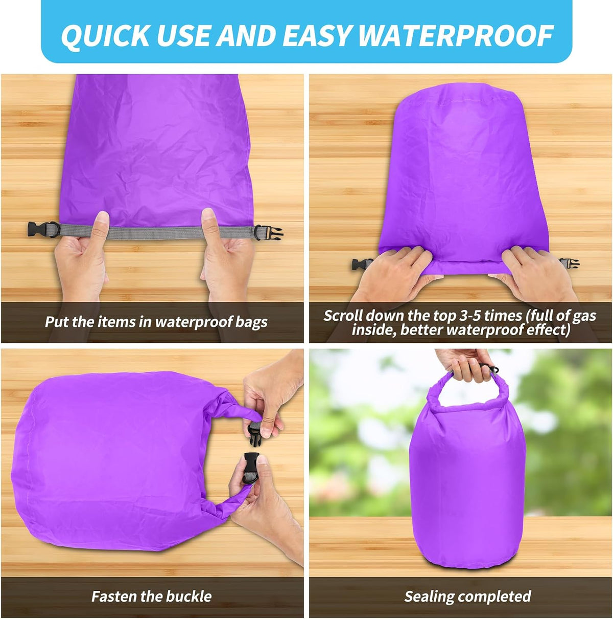 Dry Bag Set, Waterproof Small Lightweight Dry Bags for Paddle Board Kayaking, Fishing, Camping(Purple, 2L+5L+10L)