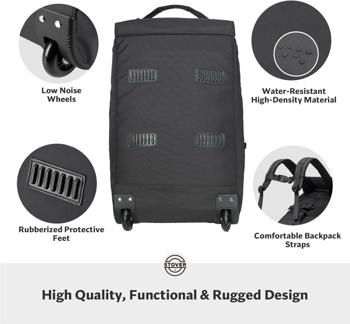 STOVER 45/80/100/120L U-Zip Carry-On Rolling Duffel Bag with Wheels, Medium Travel Duffle w/Toiletry Bag, Heavy-Duty, Foldable w/Shoulder Straps- Use as Luggage or Backpack, Men/Women (Black)