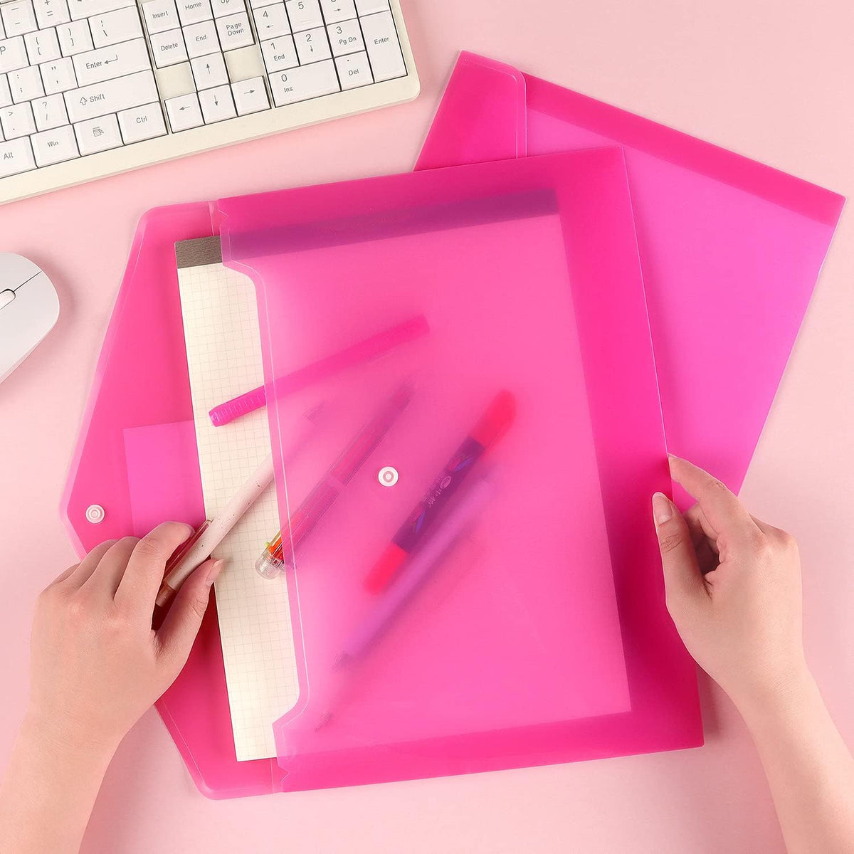 6 Pack Clear Document Folders Plastic Envelopes, A4 Size, Pink
