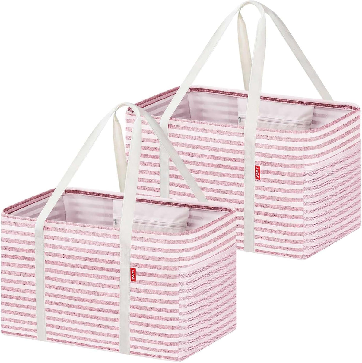 LHZK 2 Pack Utility Tote Bag with Metal Wire Frame and the Sides Rinforced, Large Tote Bag with Handle, Reusable Grocery Bags Foldable, Beach Bag, Car Tote (Pink, 18.5''x11.8''x11.5'')