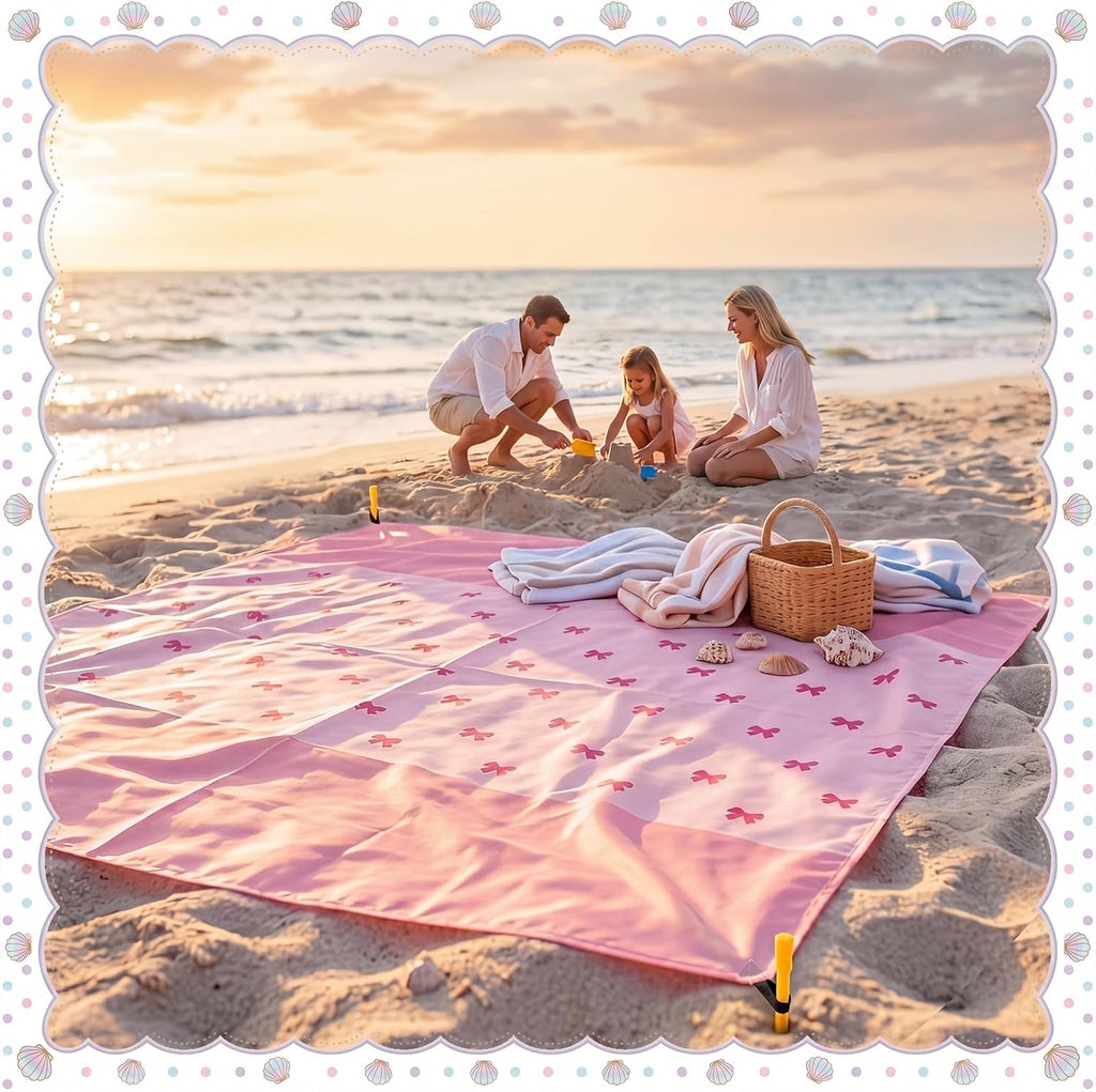 Tingjoo Beach Blanket 83"x79", Waterproof Sandproof Pink Bow with Stakes