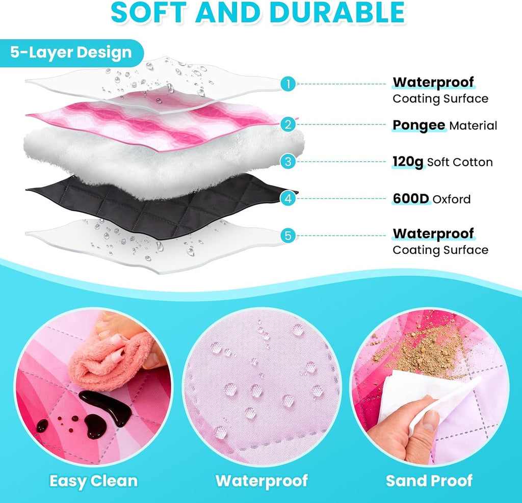 #WEJOY 3 in 1 Beach Blanket Waterproof Sandproof, Padded 3 Layers Outdoor Picnic Blanket Bag, 80x60'', 4 Person, Easy to Fold, Waterproof for Lawn,Camping, Park (Pink)