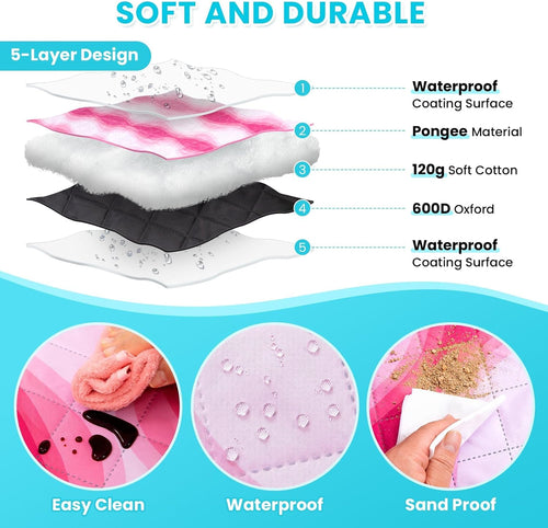 #WEJOY 3 in 1 Beach Blanket Waterproof Sandproof, Padded 3 Layers Outdoor Picnic Blanket Bag, 80x60'', 4 Person, Easy to Fold, Waterproof for Lawn,Camping, Park (Pink)
