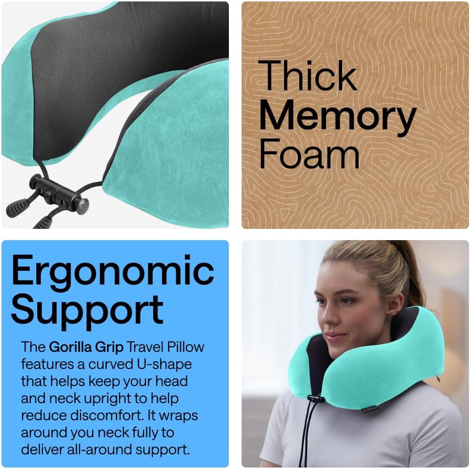 GORILLA GRIP Travel Neck Pillow for Airplanes, Travel Essentials, Turquoise