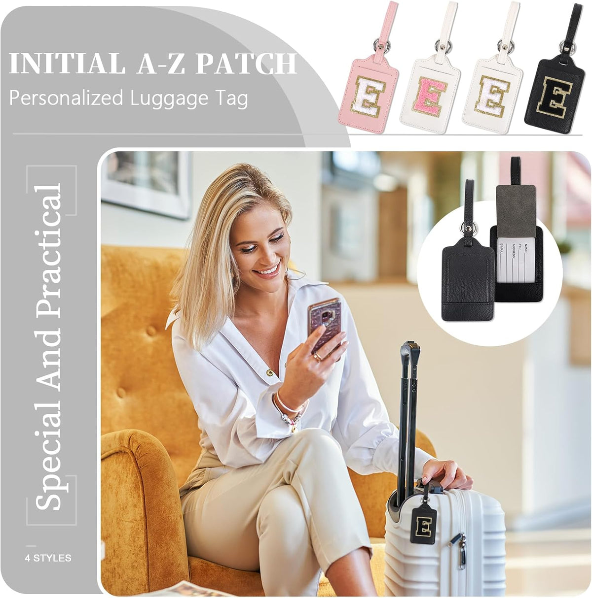 Personalized Initial A-Z Luggage Tag for Suitcases, PU Leather Luggage Tags with Privacy Cover Name Card, Black Cute Monogrammed Funny Luggage Baggage TSA Approved Tags for Women Kids(1 PACK Letter E)