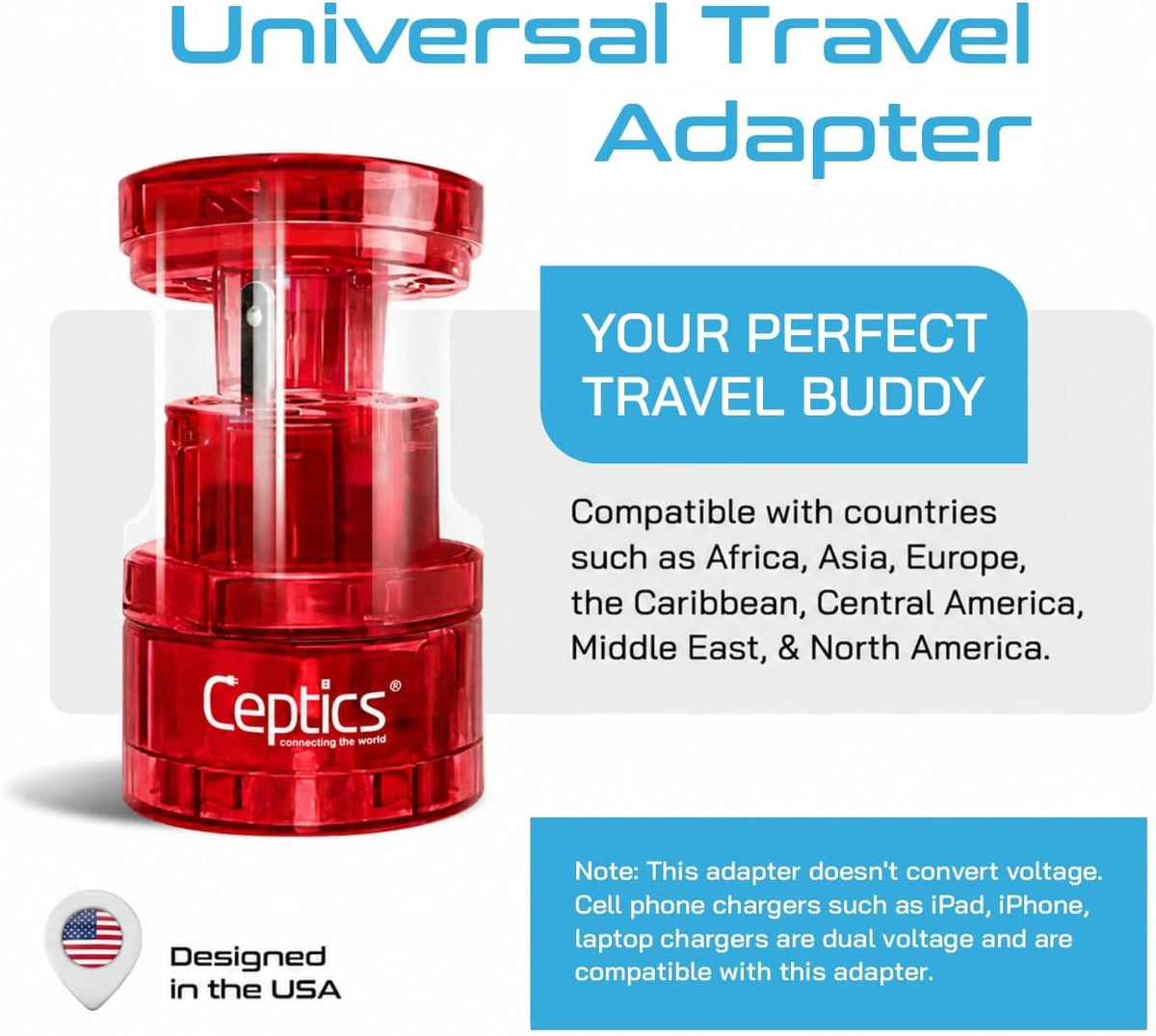 Ceptics International Power Adapter, Type A, C, G & I Plugs, Compact, Red