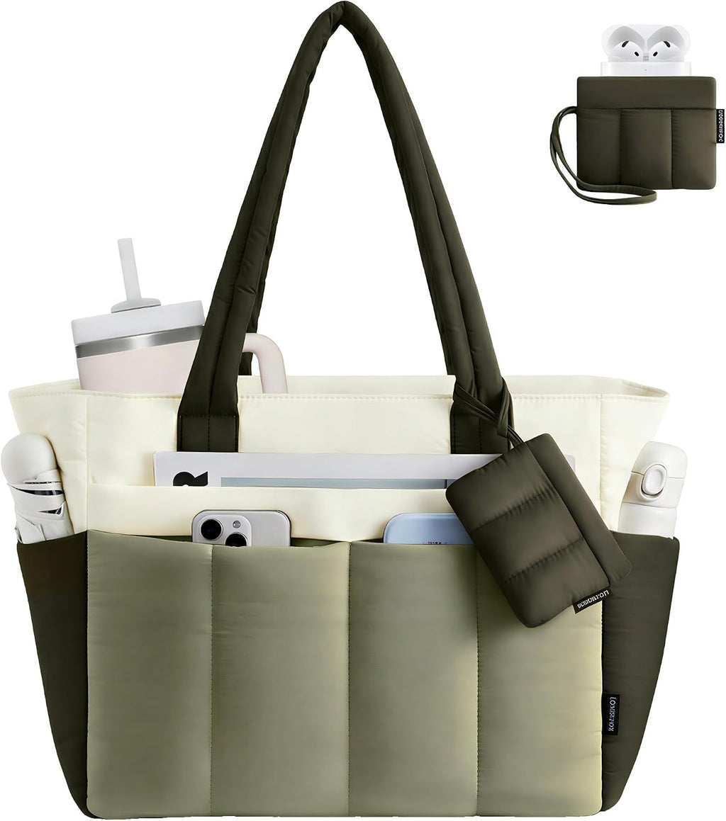 LOVEVOOK Puffer Tote Bag for Women Quilted Work Tote Handbags with Zipper 15.6 inch Teacher Nurse Bags for Office