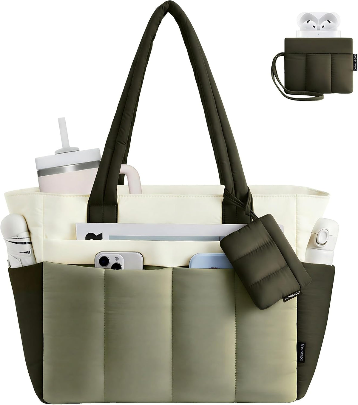 LOVEVOOK Puffer Tote Bag for Women Quilted Work Tote Handbags with Zipper 15.6 inch Teacher Nurse Bags for Office