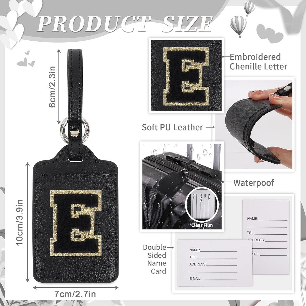 Personalized Initial A-Z Luggage Tag for Suitcases, PU Leather Luggage Tags with Privacy Cover Name Card, Black Cute Monogrammed Funny Luggage Baggage TSA Approved Tags for Women Kids(1 PACK Letter E)