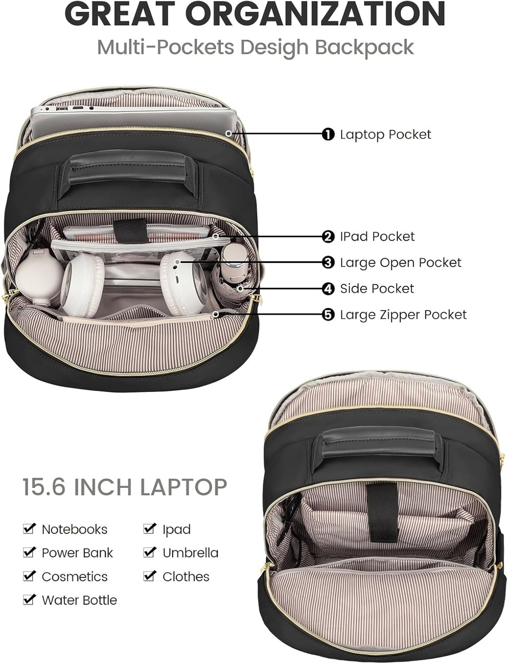 LOVEVOOK Laptop Backpack Purse for Women, Work Travel Computer Bags, College School Backpack for Student Girl, Quilted Casual Daypack with USB Port, Fit 15.6 Inch Laptop, Black