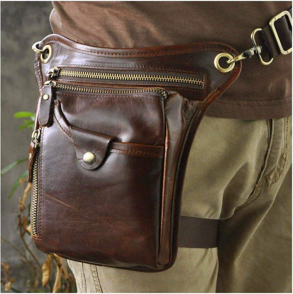 Le'aokuu Mens Genuine Leather Outdoor Sporting Hiking Waist Hip Pack Messenger Shoulder Drop Leg Thigh Bag Pouches For Women 211-5 (Brown 2)