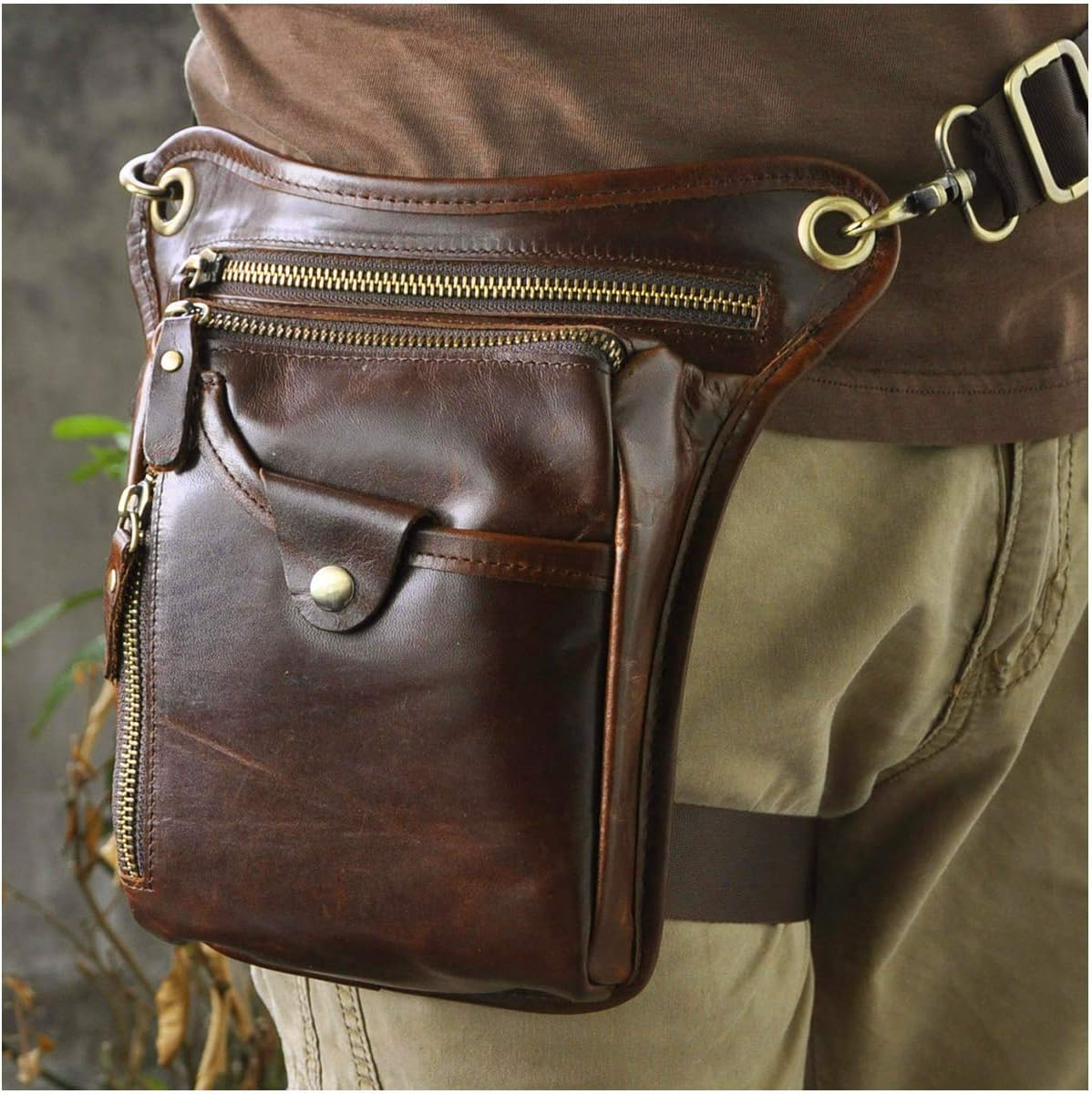Le'aokuu Mens Genuine Leather Outdoor Sporting Hiking Waist Hip Pack Messenger Shoulder Drop Leg Thigh Bag Pouches For Women 211-5 (Brown 2)