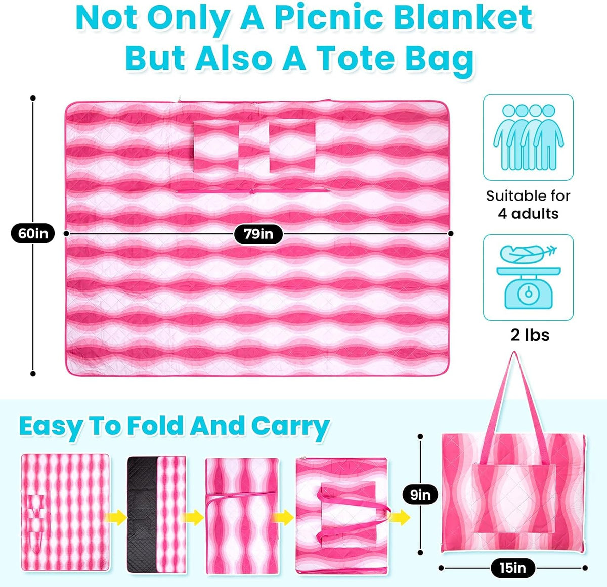 #WEJOY 3 in 1 Beach Blanket Waterproof Sandproof, Padded 3 Layers Outdoor Picnic Blanket Bag, 80x60'', 4 Person, Easy to Fold, Waterproof for Lawn,Camping, Park (Pink)