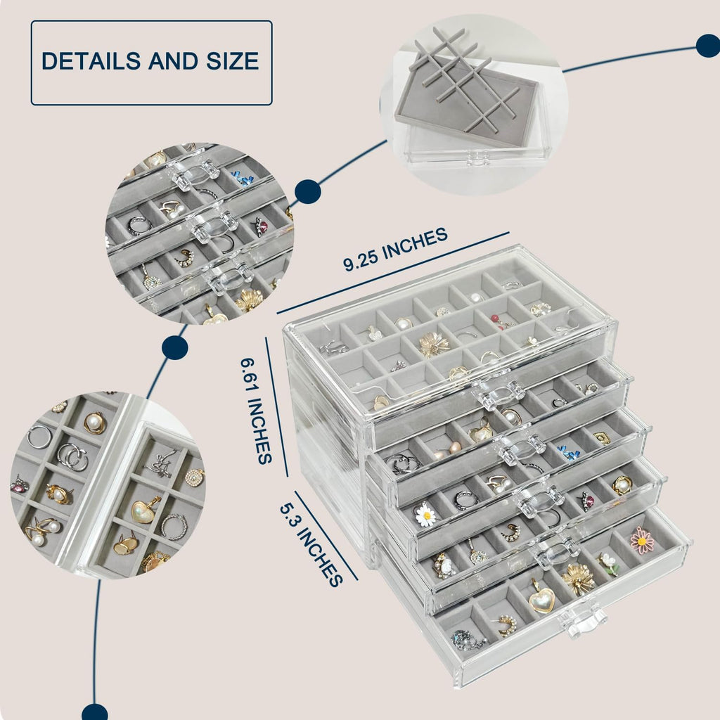 Acrylic Earring Holder Organizer with 5 Drawers Clear Earring Organizer Box with 90 Adjustable Grids Velvet Earring Display Case Jewelry Organizer for Earrings Rings Studs (Grey)