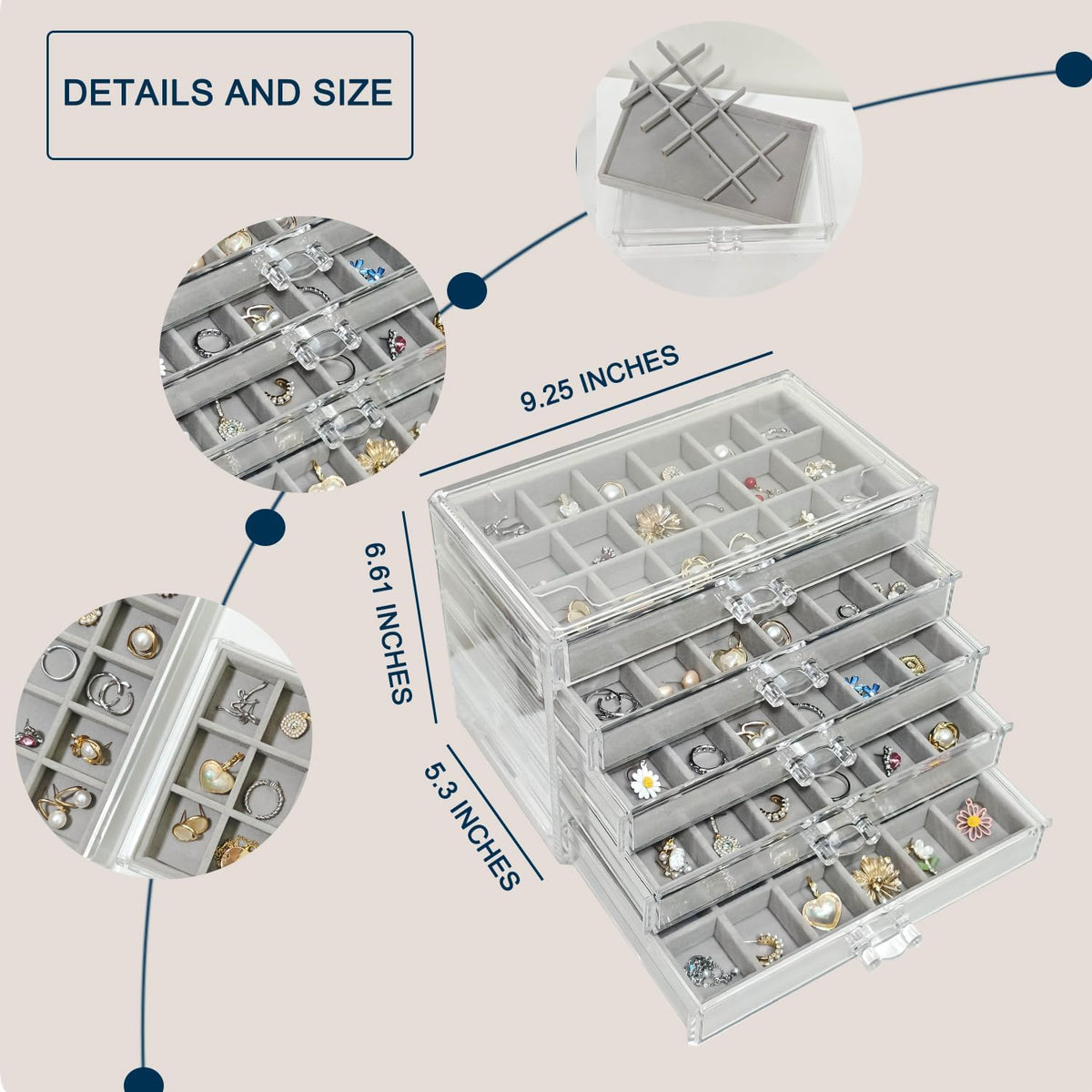 Acrylic Earring Holder Organizer with 5 Drawers Clear Earring Organizer Box with 90 Adjustable Grids Velvet Earring Display Case Jewelry Organizer for Earrings Rings Studs (Grey)