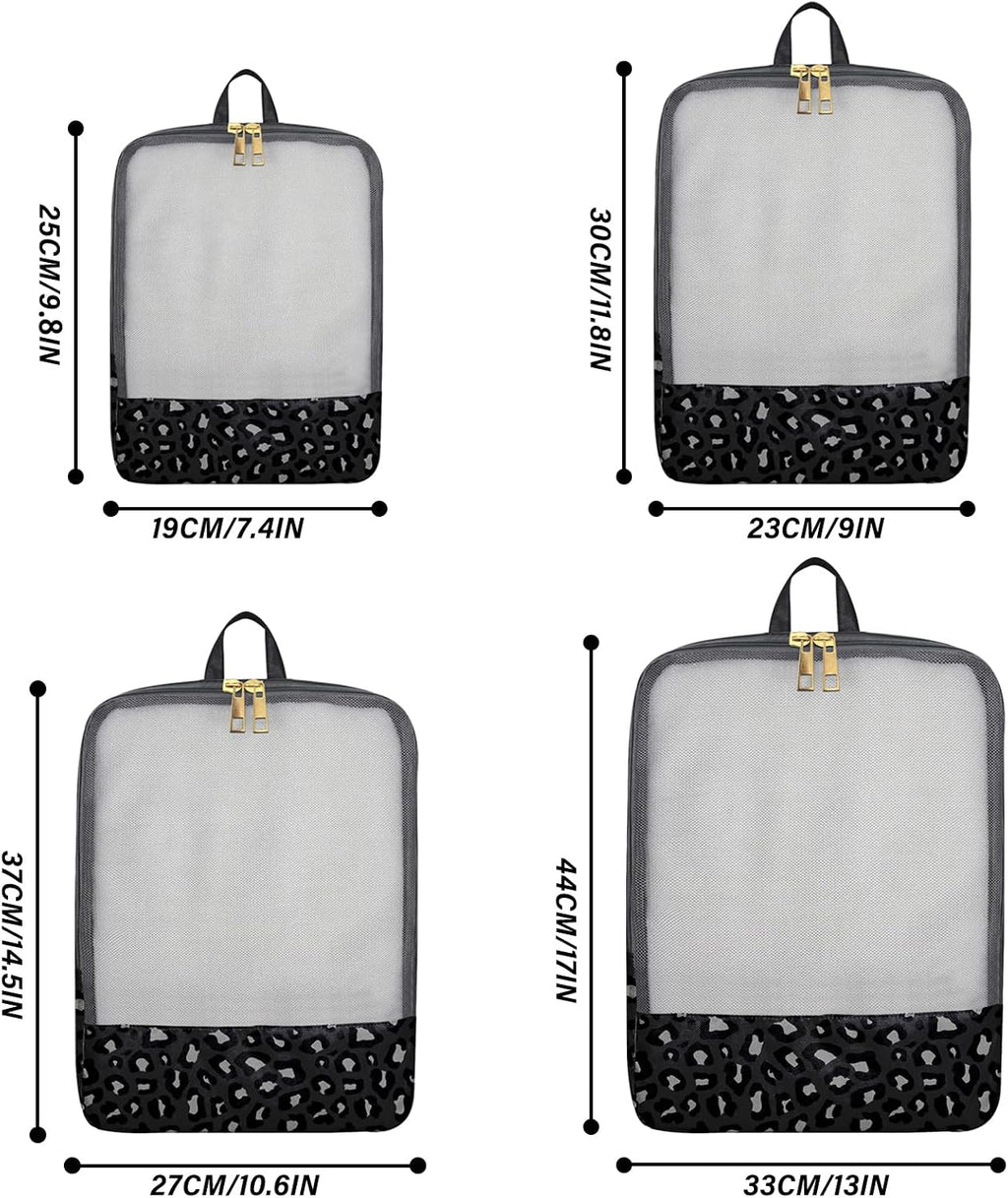 4 Set Packing Cubes Travel Luggage Organizers for Suitcase Travel Accessories for Women Girls Aesthetic Cute-Black Leopard Cheetah Pattern