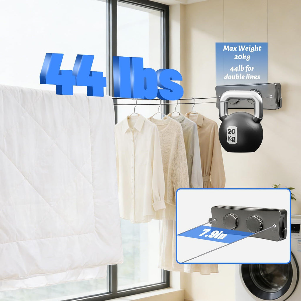 Retractable Clothesline Indoor Wall Mounted Invisible Clothes Line Heavy Duty 304 Stainless Steel String 16.7 Ft Extension Family-Friendly No-Drill Air-Drying Solution for Small Apartments Gray