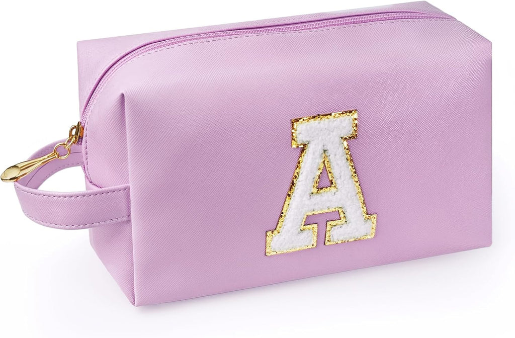 Personalized Initial Makeup Bag with Handle, Preppy Cosmetic Bag with Inner Zipper Pocket, 8 9 10 11 12 13 14 Years Old Girl, Graduation Gifts for Teen Girls Women Teachers (A, Purple)