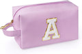 Personalized Initial Makeup Bag with Handle, Preppy Cosmetic Bag with Inner Zipper Pocket, 8 9 10 11 12 13 14 Years Old Girl, Graduation Gifts for Teen Girls Women Teachers (A, Purple)
