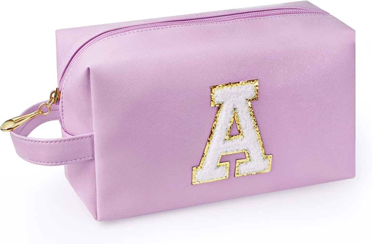Personalized Initial Makeup Bag with Handle, Preppy Cosmetic Bag with Inner Zipper Pocket, 8 9 10 11 12 13 14 Years Old Girl, Graduation Gifts for Teen Girls Women Teachers (A, Purple)