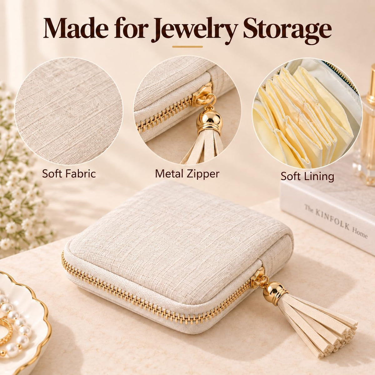2-Pack Velvet Jewelry Organizer Case - Travel Zipper Pouch with Tassel, 6-Layer Storage for Bracelets, Bangles & Accessories (Off-white and Pink)