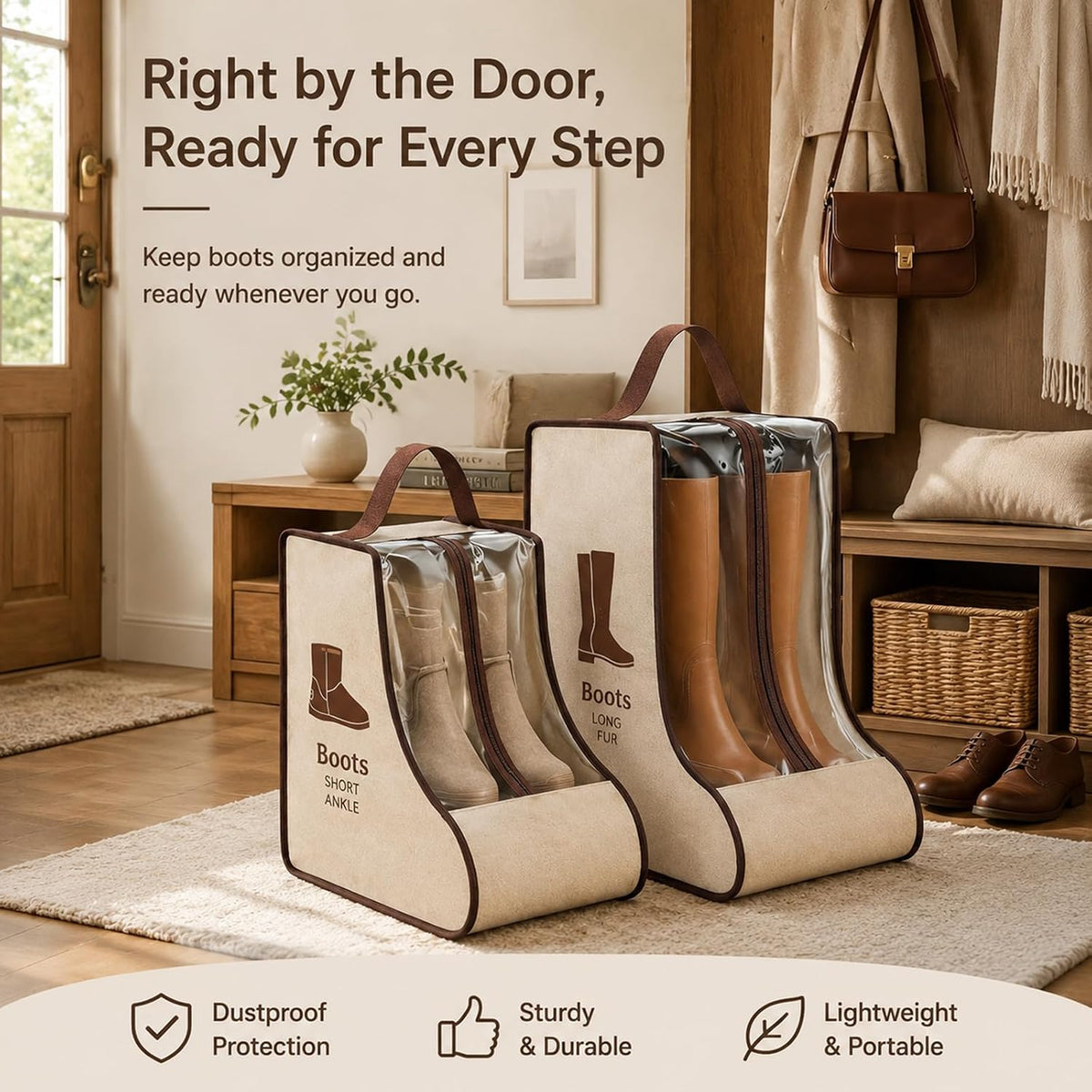 Tall Boot Storage Bag Organizer for Closet and Travel, Portable Dustproof Bags for Cowboy (4 Pcs Beige Short & Long Boot)