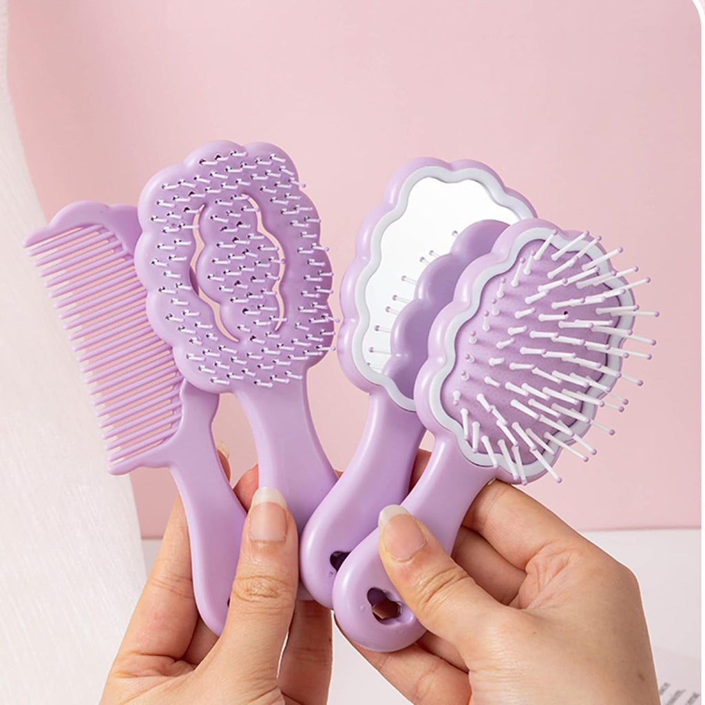 4 Pieces Mini Wet Hair Brush Hair Comb Set For Women Girls Kids Gift Small Cute Cloud shaped Hair Comb Hair Brush Handheld Mirror Set Travel Detangling Comb Massage HairBrush with Air Cushion (Purple)