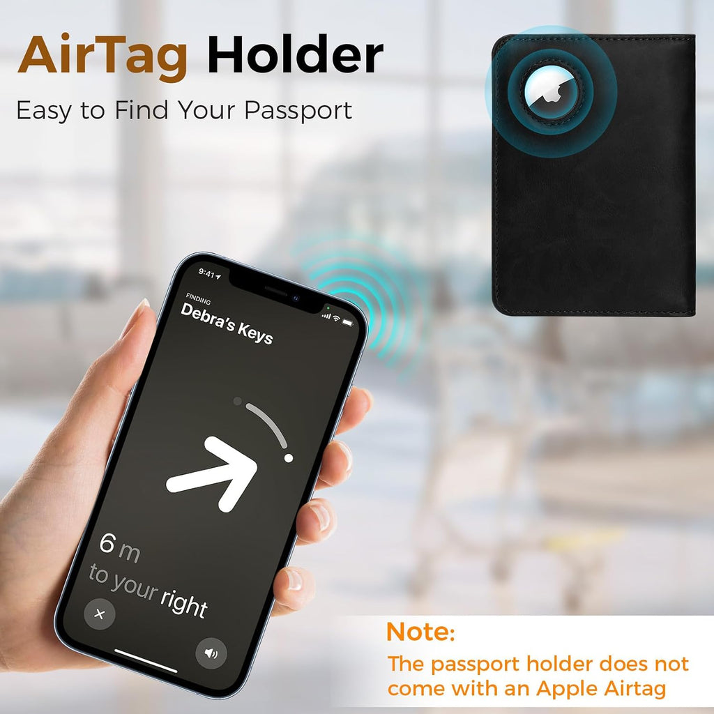 Passport Holder Travel Women Men, Passport Wallet with Airtag Slot, Black
