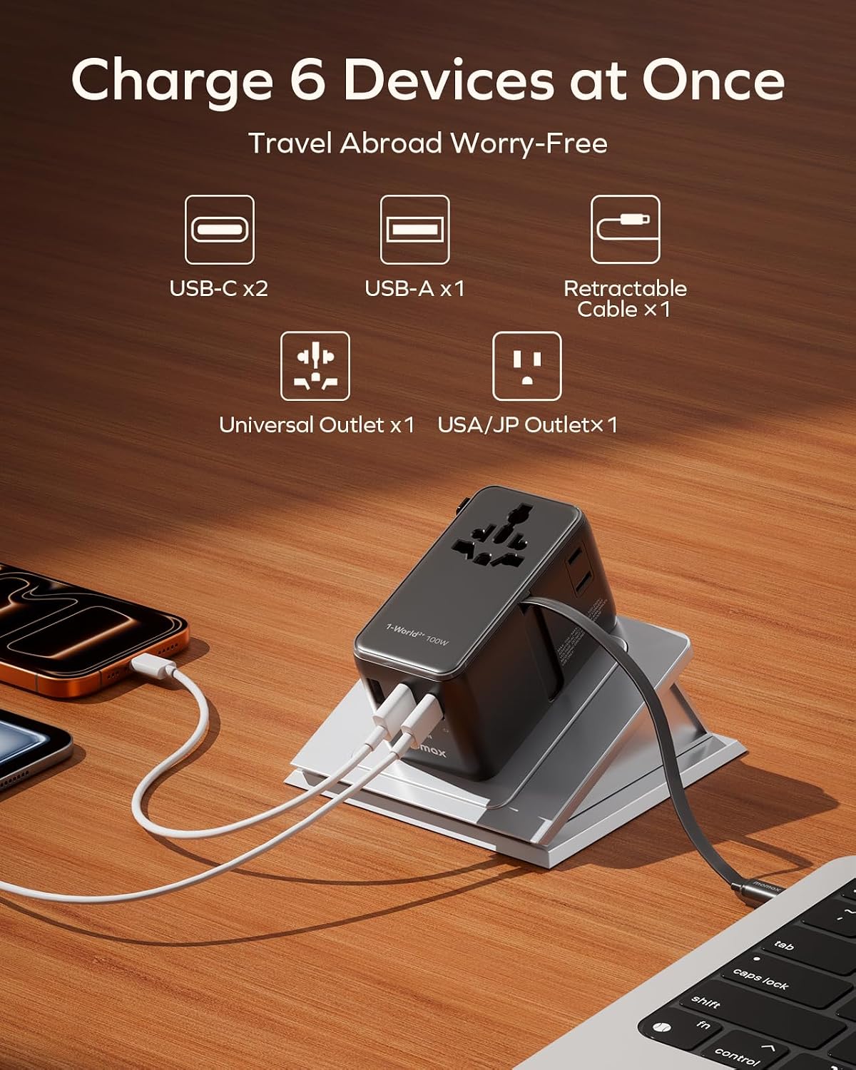 MOMAX 100W Universal Travel Adapter All-in-1 Plug Adapter with USB-C Cable