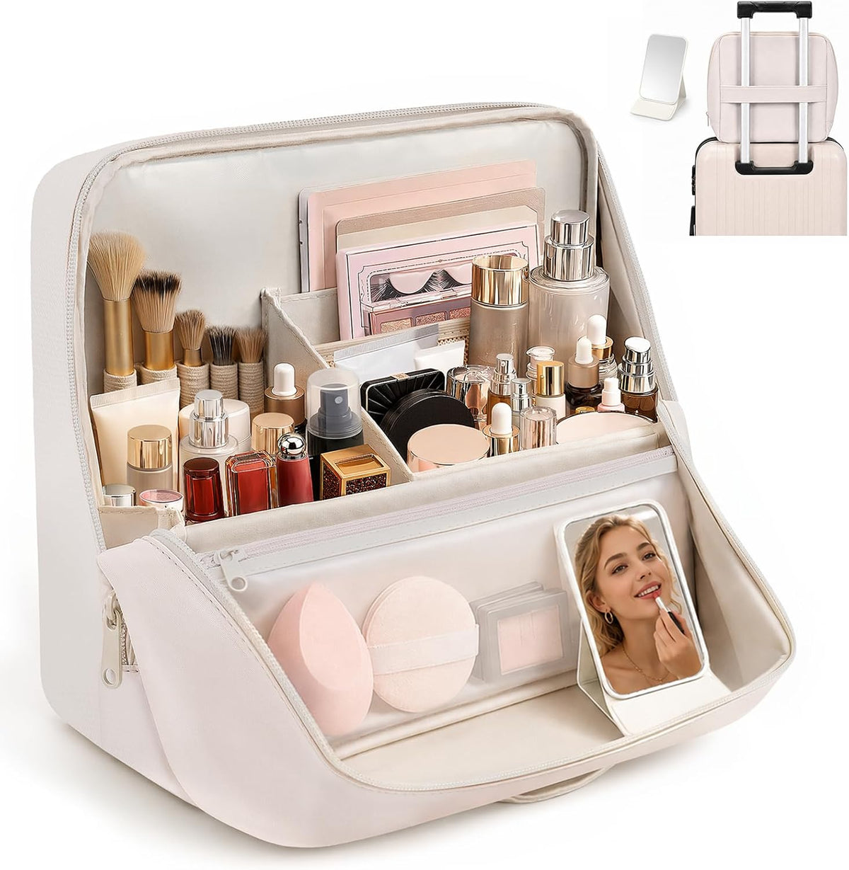 Travel Makeup Bag Standing Folding Leather Cosmetic Organizer with Handle
