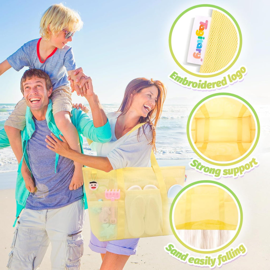 Tagitary Mesh Beach Bag with Zipper and 8 Pockets Yellow & Pink, Large Beach Tote Waterproof Sandproof for Camping Sports Pool Swim Bag Foldable Beach Accessories Storage Travel Bag