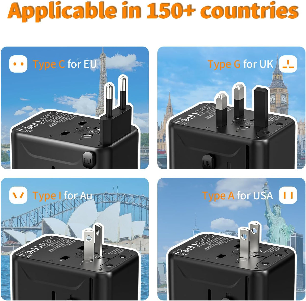 CC Store Universal Travel Adapter with 3 USB-C＆ 2 USB-A Ports 17.5W Black