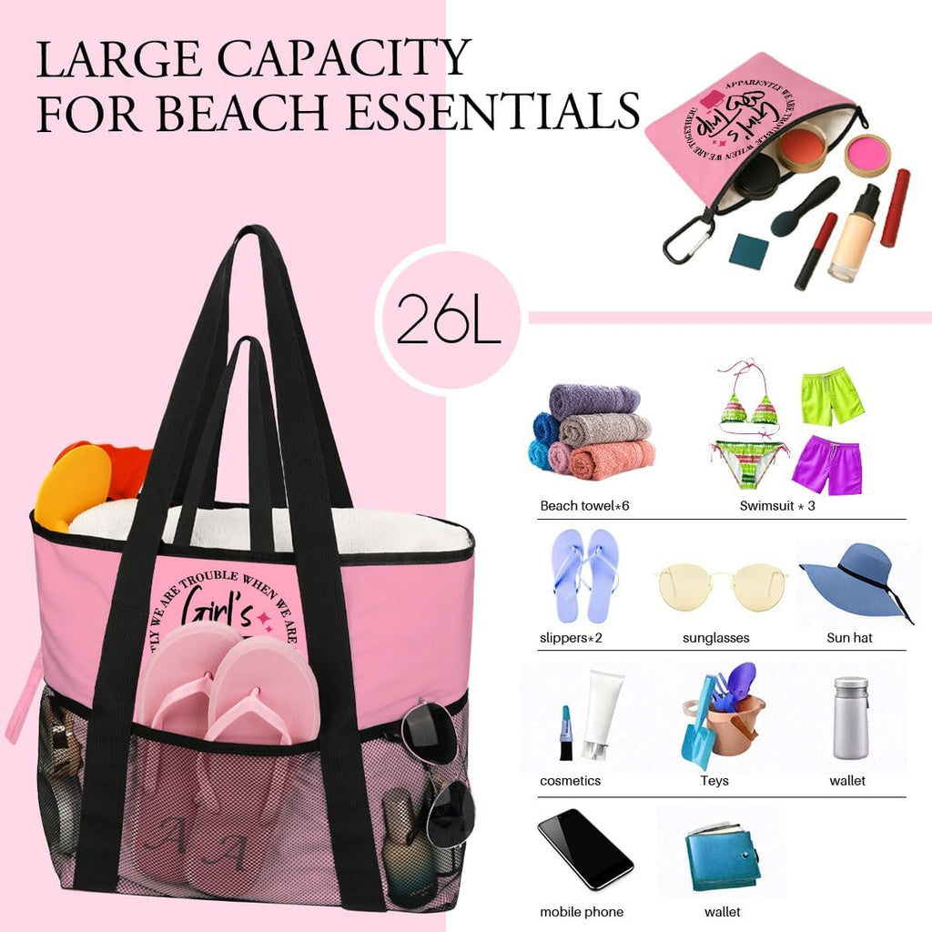 girls trip bags Foldable Waterproof Beach Tote for Women - 8 Zippered Pockets, Lightweight Travel Bag for Swim