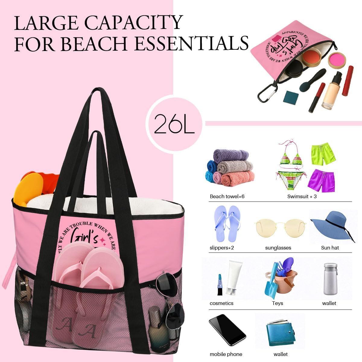 girls trip bags Foldable Waterproof Beach Tote for Women - 8 Zippered Pockets, Lightweight Travel Bag for Swim