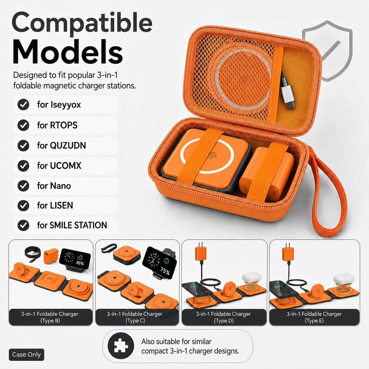 Travel Case for UCOMX for Nano/for Rtops/for Hicober/for Iseyyox 3 in 1 Wireless Charger, Foldable Magnetic Charging Station Storage Holder Bag for Fast Charge Pad Cable, Adapter, Orange-Box Only