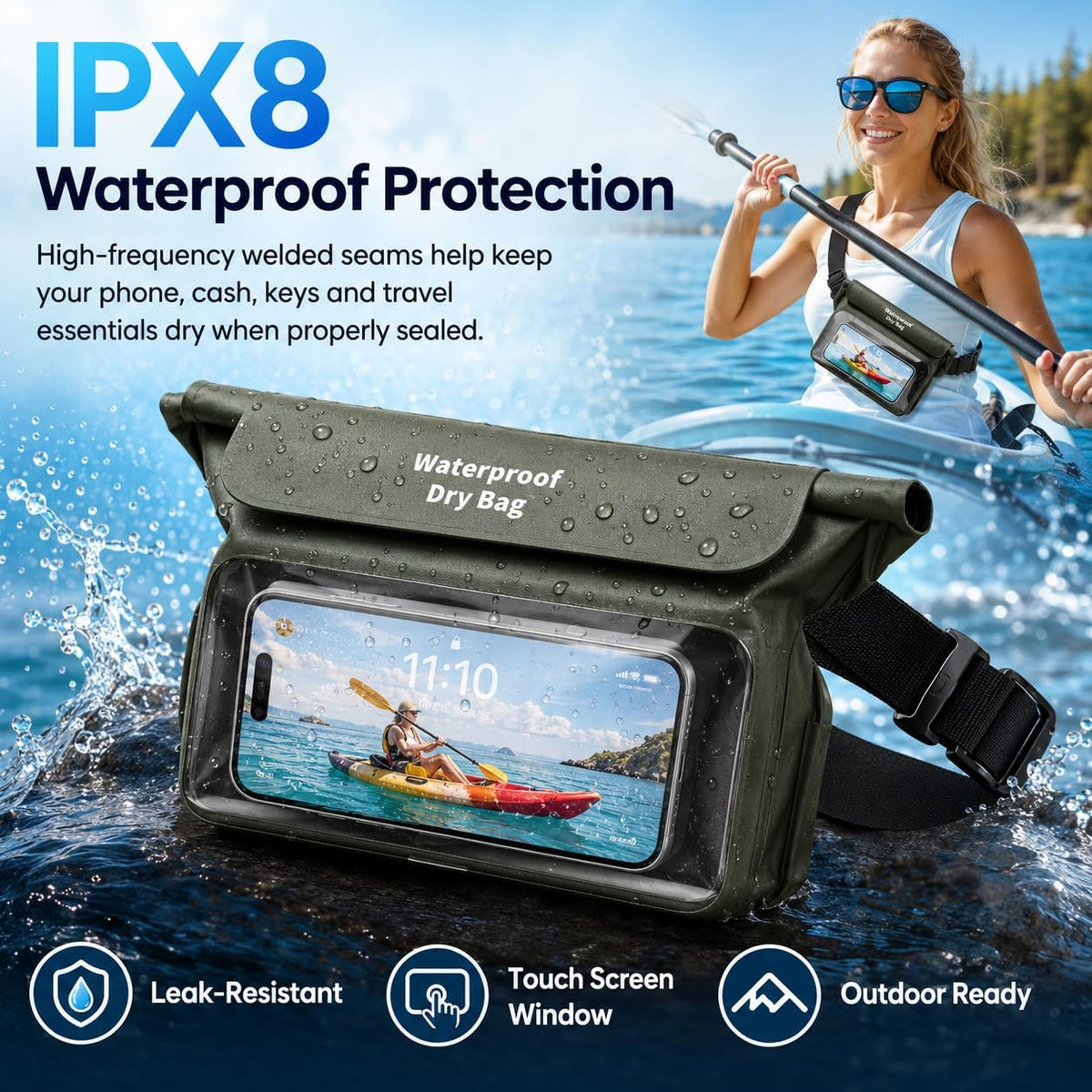 100% IPX8 Waterproof Fanny Packs,TPU Floating Waist Pouch Dry Bags Green
