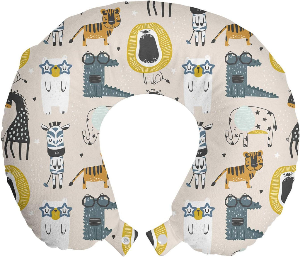 Ambesonne Lion Travel Pillow Neck Rest, Humurous Nerdy Animal Drawings a Creative Whimsical and Repetitive Background Layout, Memory Foam Traveling Accessory for Airplane and Car, 12", Mustard Grey