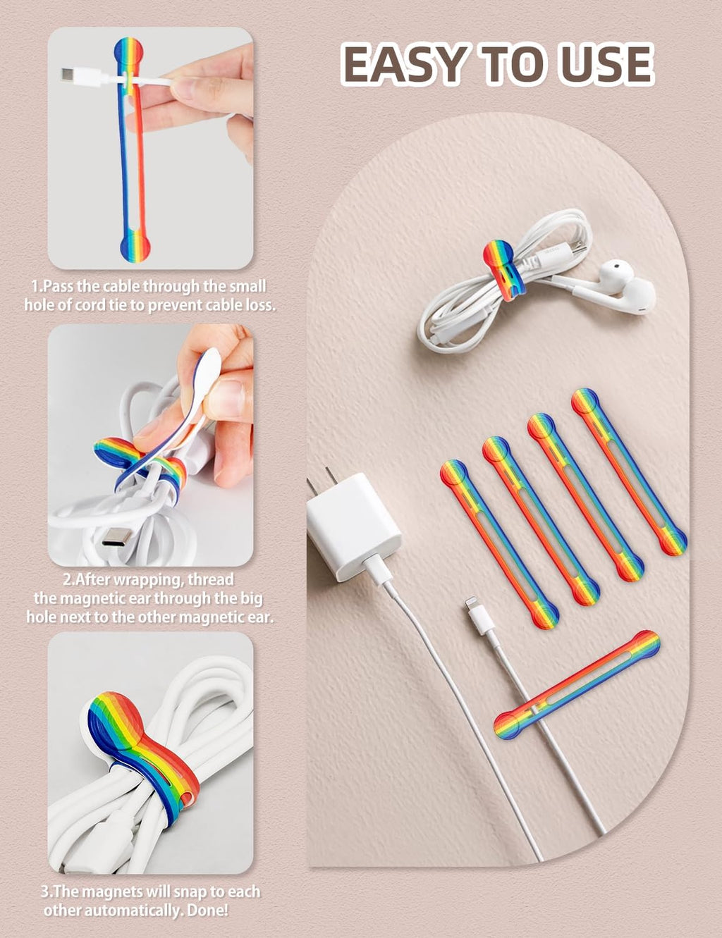 Kanemc 8 Pack Magnetic Cable Tie, 4.72'' Silicone Long Cord Ties