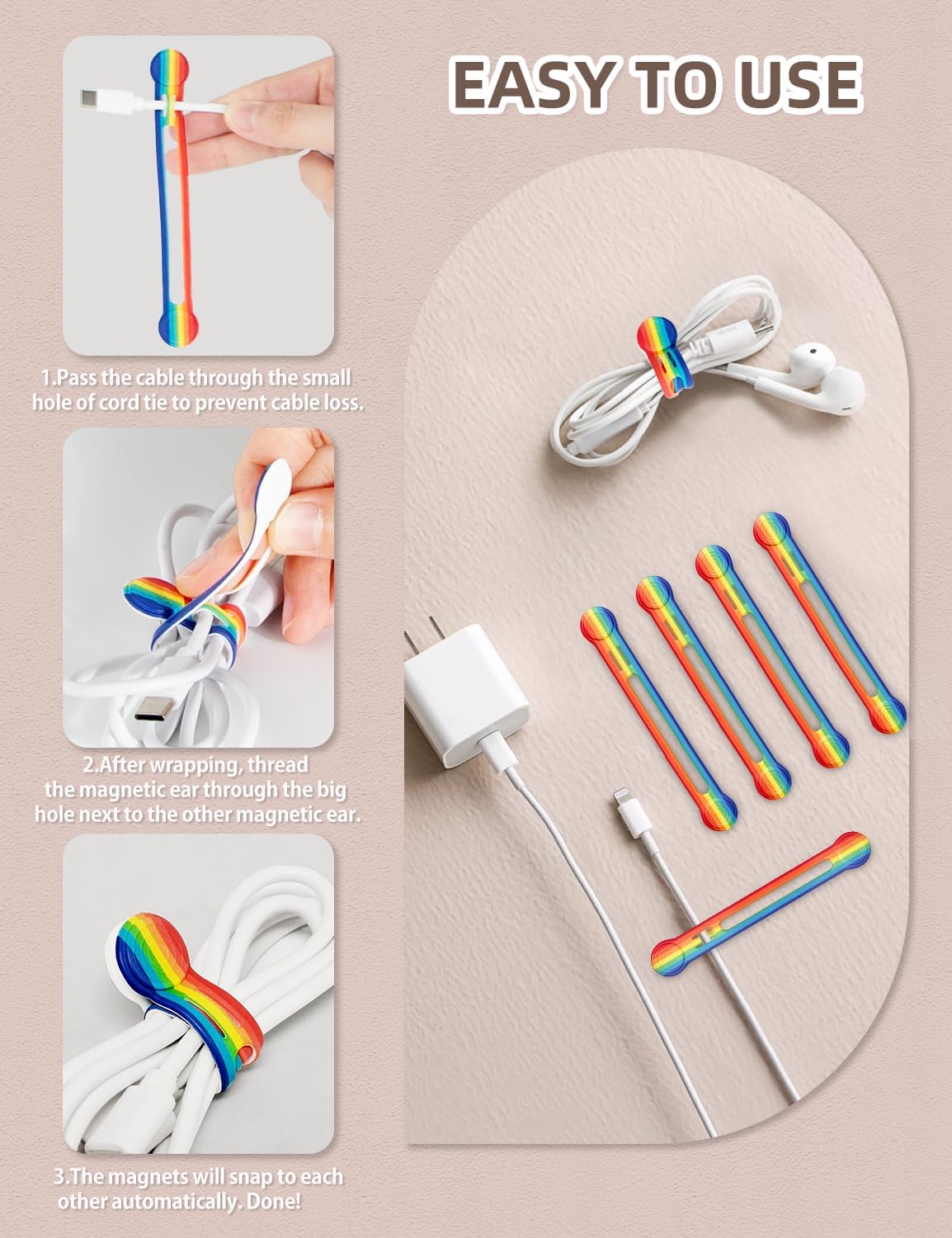 Kanemc 8 Pack Magnetic Cable Tie, 4.72'' Silicone Long Cord Ties