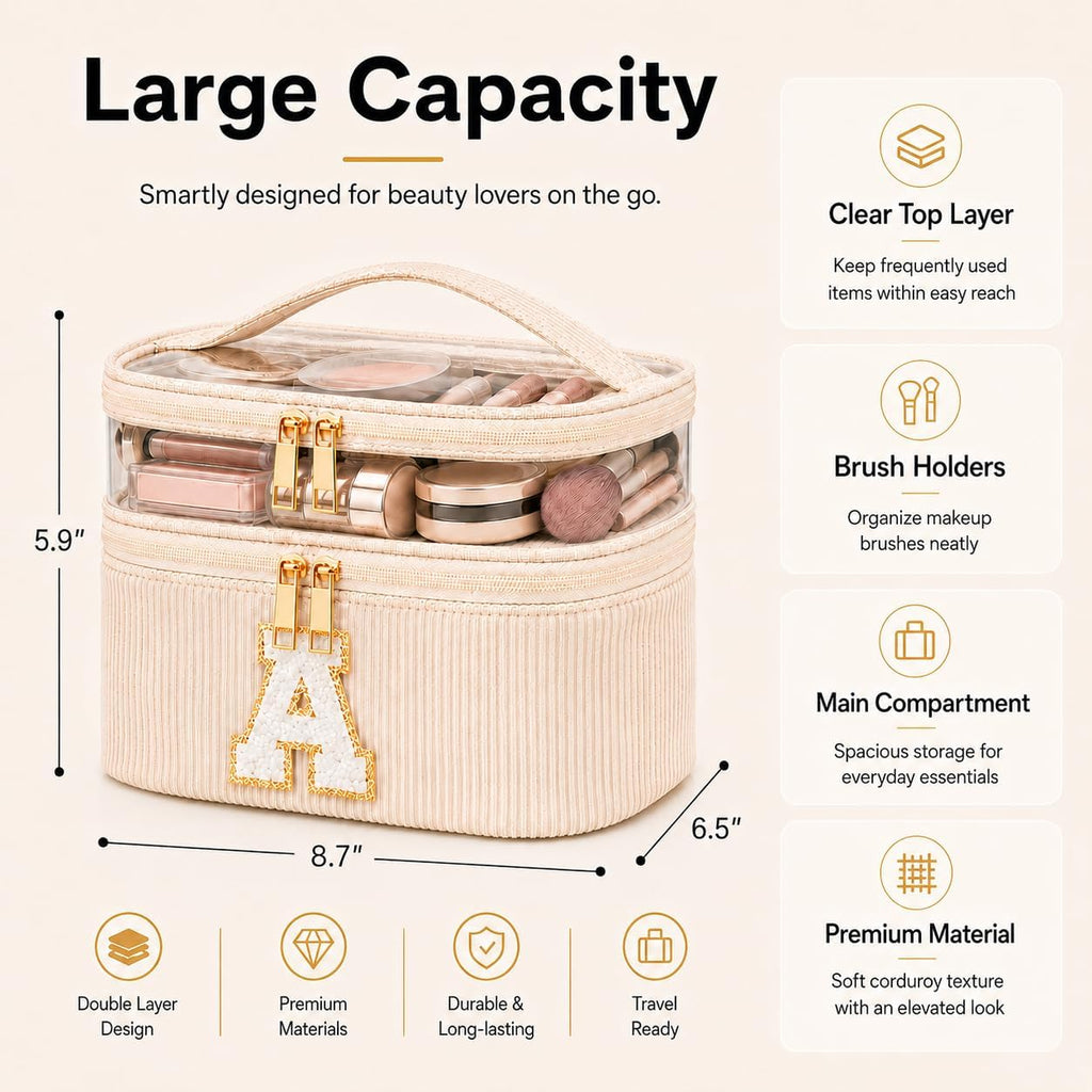 Initial Makeup Bag for Women, Double Layer Corduroy Cosmetic Bag, Preppy Letter Travel Toiletry Pouch, Large Capacity Makeup Organizer for Travel, Purse, Vanity & Gifts (Beige, G)
