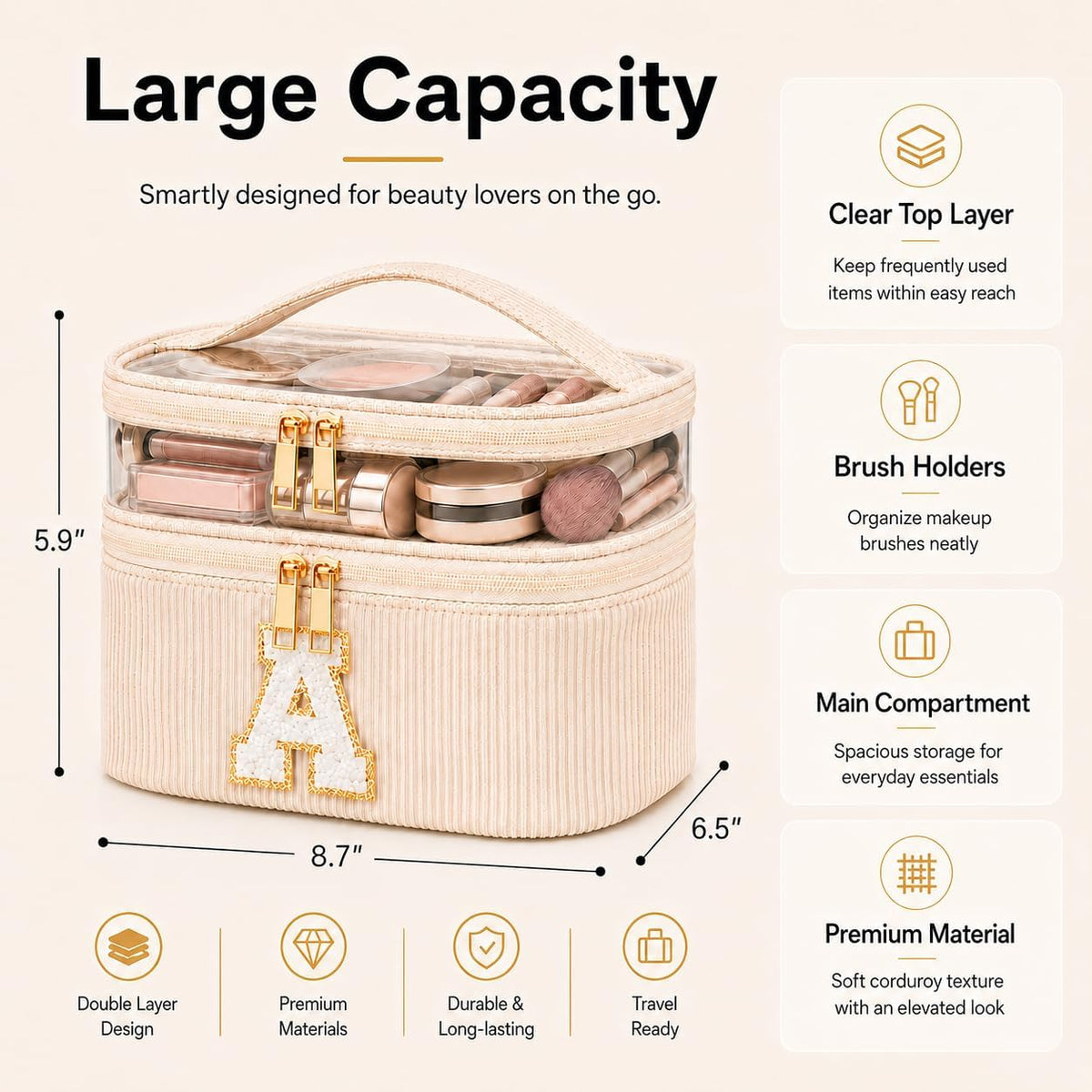 Initial Makeup Bag for Women, Double Layer Corduroy Cosmetic Bag, Preppy Letter Travel Toiletry Pouch, Large Capacity Makeup Organizer for Travel, Purse, Vanity & Gifts (Beige, G)