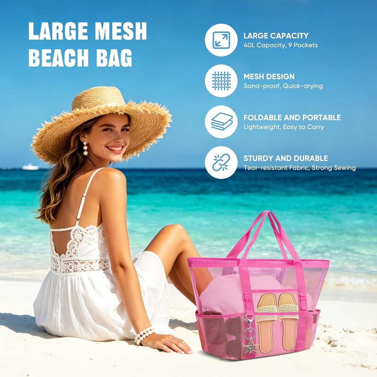 Large Mesh Beach Bag for Women, Sandproof 9-Pocket Beach Tote Bag, Quick-Drying Pool Bag for Travel Vacation