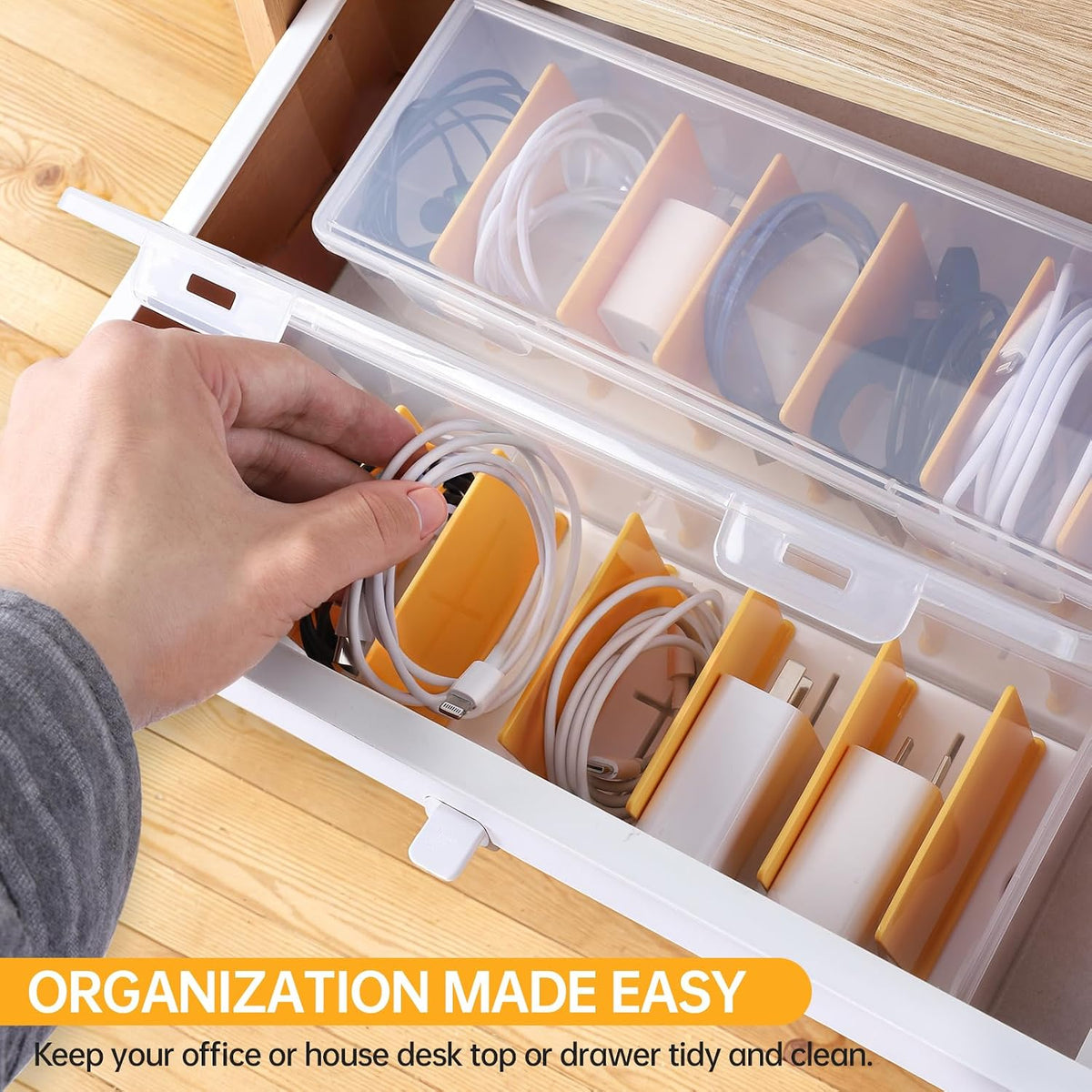PAVSTINE Clear Cable Organizer Box with Lid and Adjustable Dividers