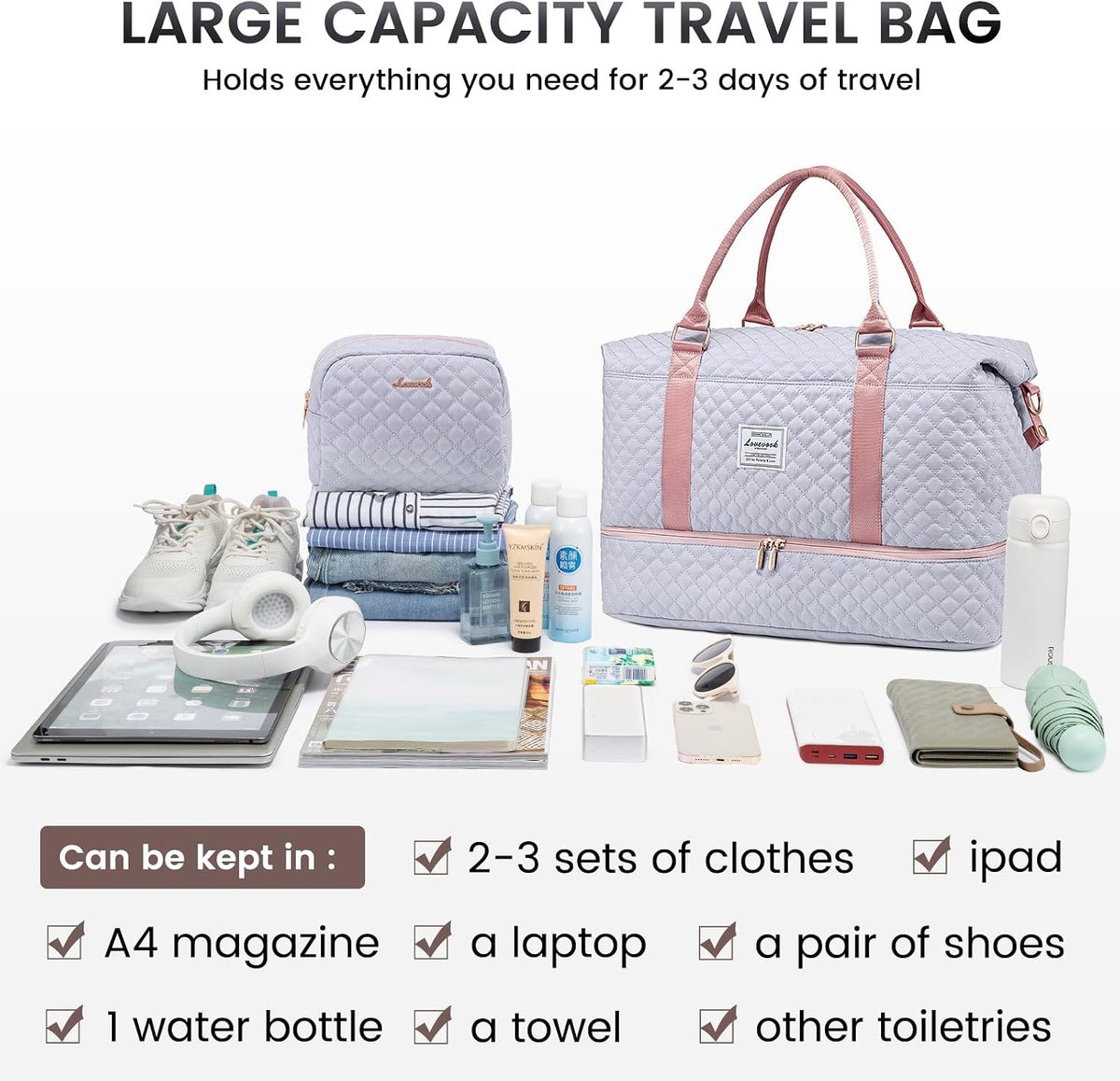 LOVEVOOK Travel Duffle Bag,Weekender Bags for Women with Shoe Compartment