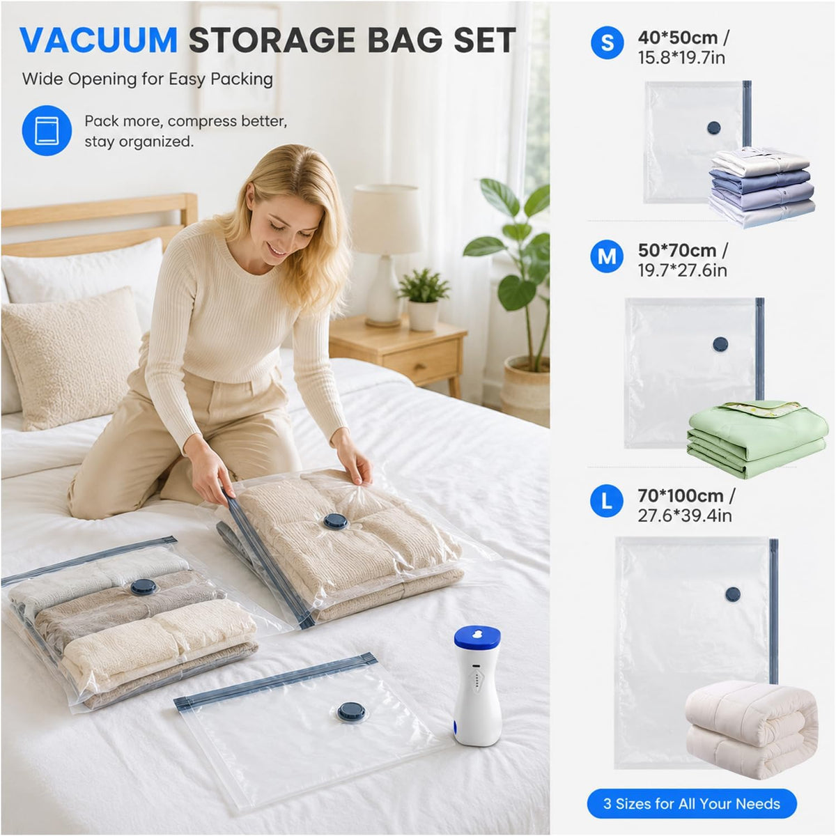 12 Pack Vacuum Storage Bags with Electric Pump,Rechargeable Inflation & Deflation Dual Use,Reusable Space Saver Bags cordless travel vacuum bag set for Luggage and Suitcase