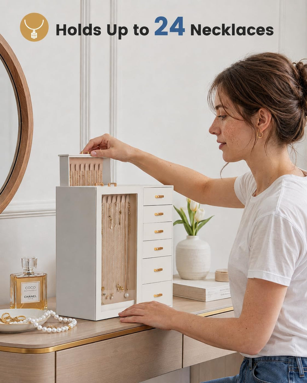 Lolalet Large Jewelry Box Organizer for Women, PU Leather Jewelry Case with Necklace Holder & Multiple Drawers, Tabletop Dresser Storage for Earrings Rings Chains, Gift for Girls -L, Beige