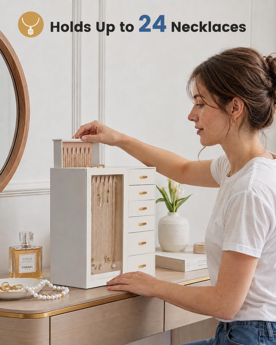 Lolalet Large Jewelry Box Organizer for Women, PU Leather Jewelry Case with Necklace Holder & Multiple Drawers, Tabletop Dresser Storage for Earrings Rings Chains, Gift for Girls -L, Beige