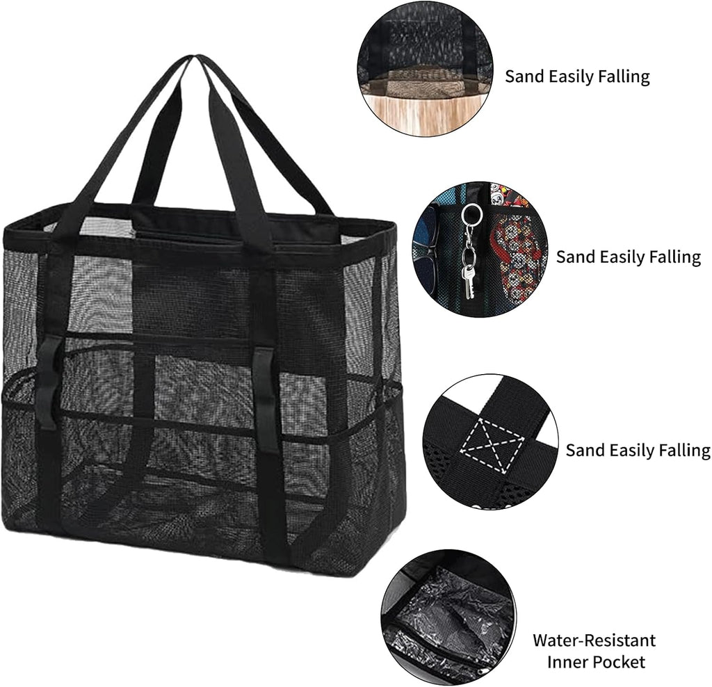 Amamlety Mesh Beach Bag with 2 Pack Large Waterproof Phone Pouch Set, foldable Tote Bag with Multiple Pockets,Universal Dry Bag,Pool Toys Cruise Travel Vacation Essentials for Family Summer 4 Keychain