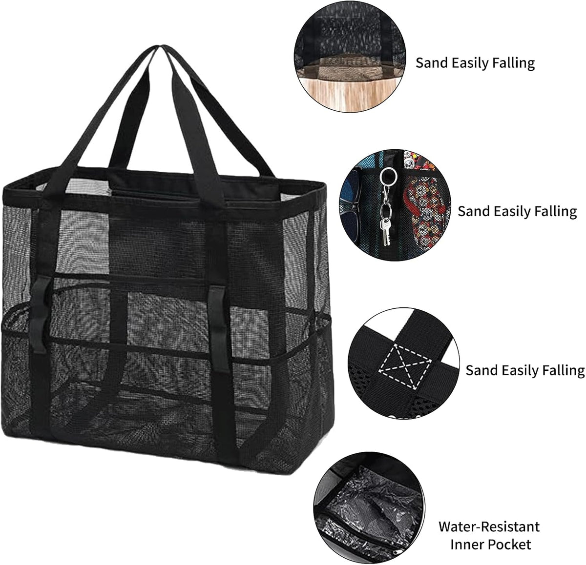 Amamlety Mesh Beach Bag with 2 Pack Large Waterproof Phone Pouch Set, foldable Tote Bag with Multiple Pockets,Universal Dry Bag,Pool Toys Cruise Travel Vacation Essentials for Family Summer 4 Keychain